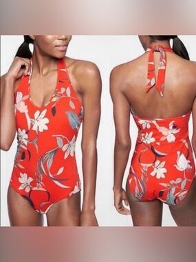 Athleta Waimea Plunge One Piece Swimsuit Halter Top Floral Size Large Tall
